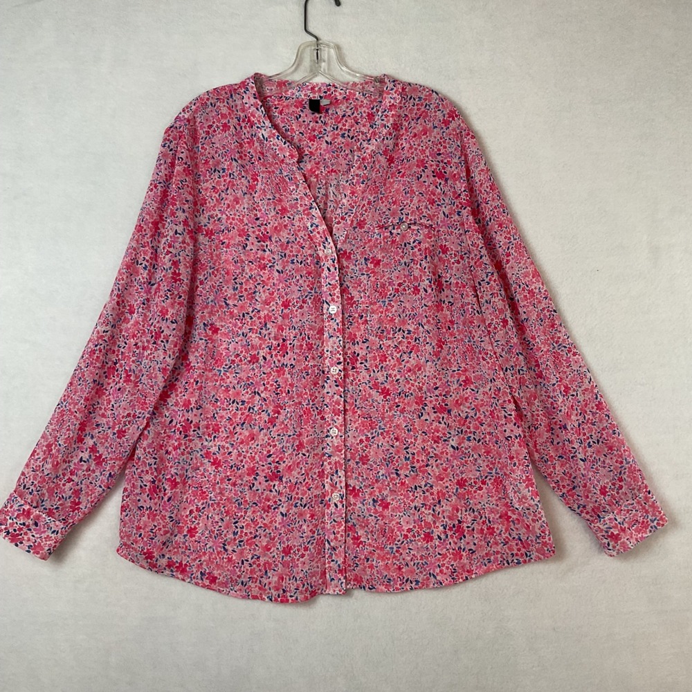 KUT from the Kloth Pink Floral Roll Tab Sleeve V-Neck Blouse XL Sheer